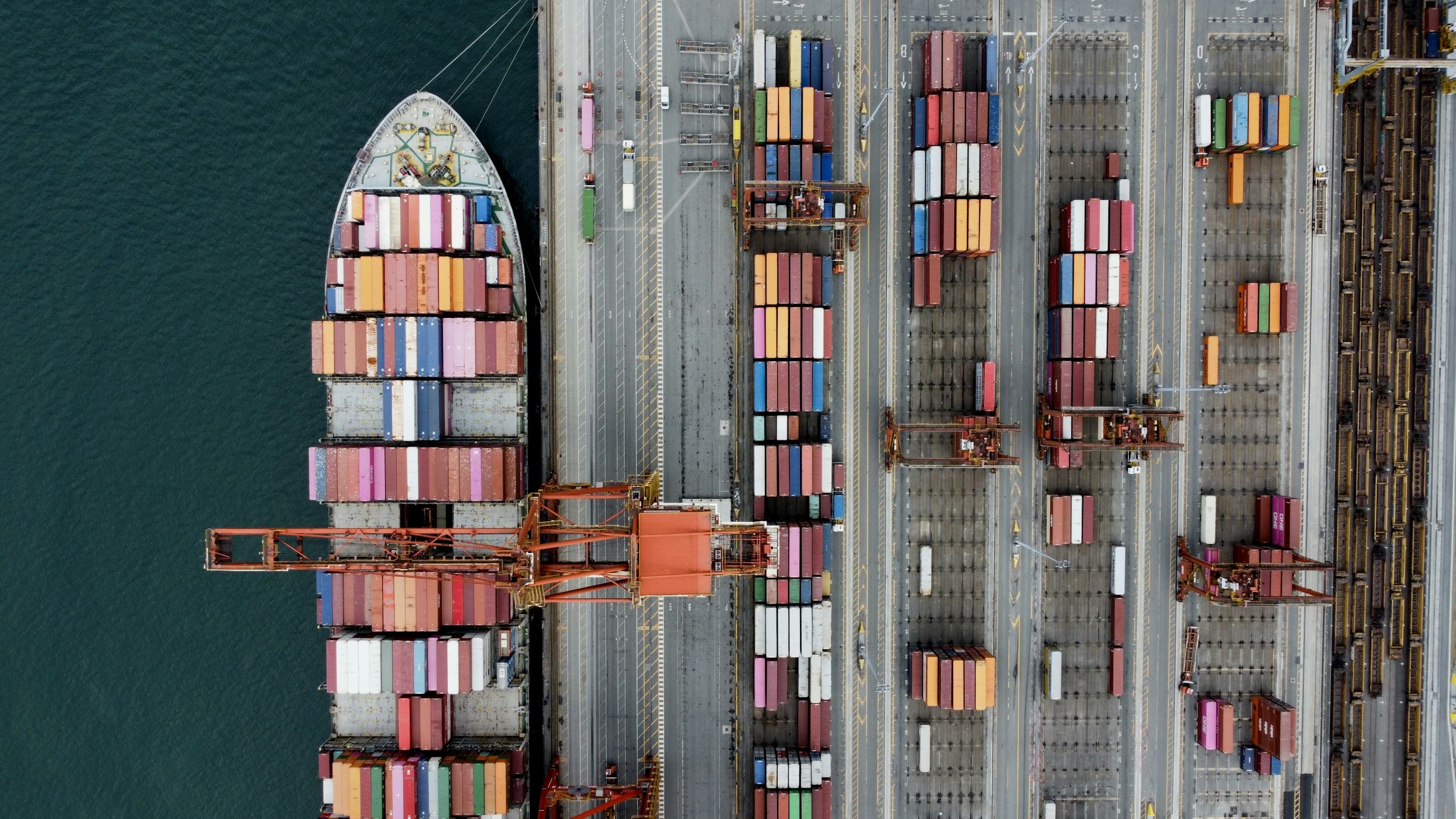 Aerial view of a container ship and terminal at the Port of Vancouver
